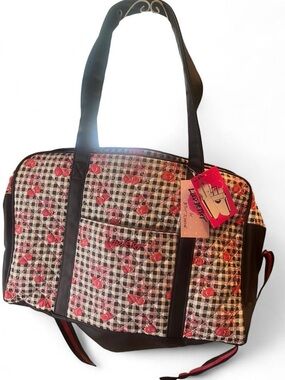 Betsey Johnson Black Quilted Travel Tote with Pink Cherry Print